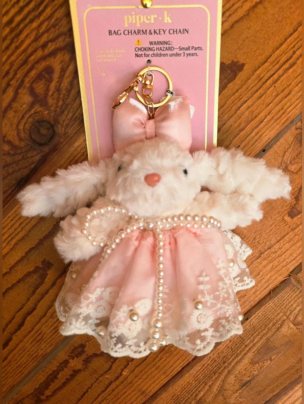 PIPER K Handcrafted  Plush Bunny Bag Charm Keychain  Lace Pearl Coquette NWT